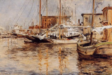ジョン・ヘンリー・トワクトマン Painting - オイスターボート ノースリバー 印象派の海景 ジョン・ヘンリー・トワクトマン